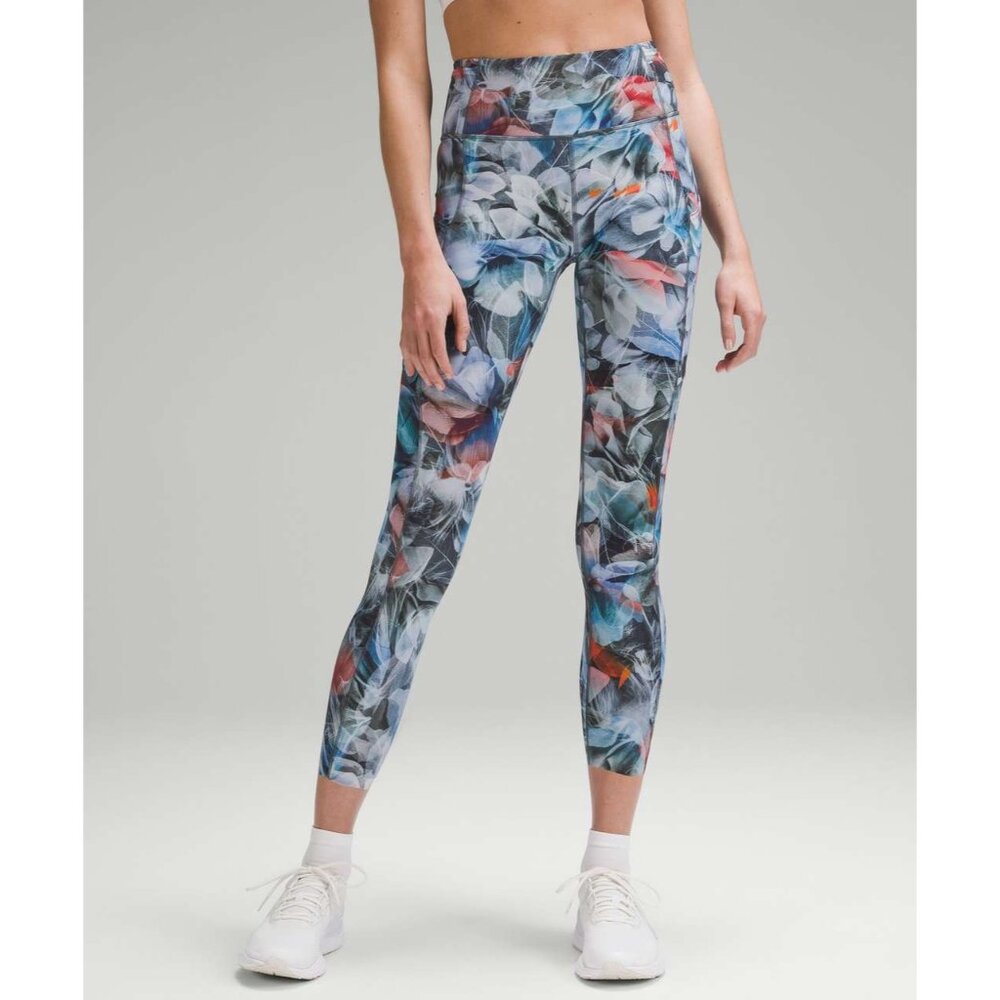 Lululemon Women High-Rise fast and free Leggings Size 4 Feather Print pocket 24"